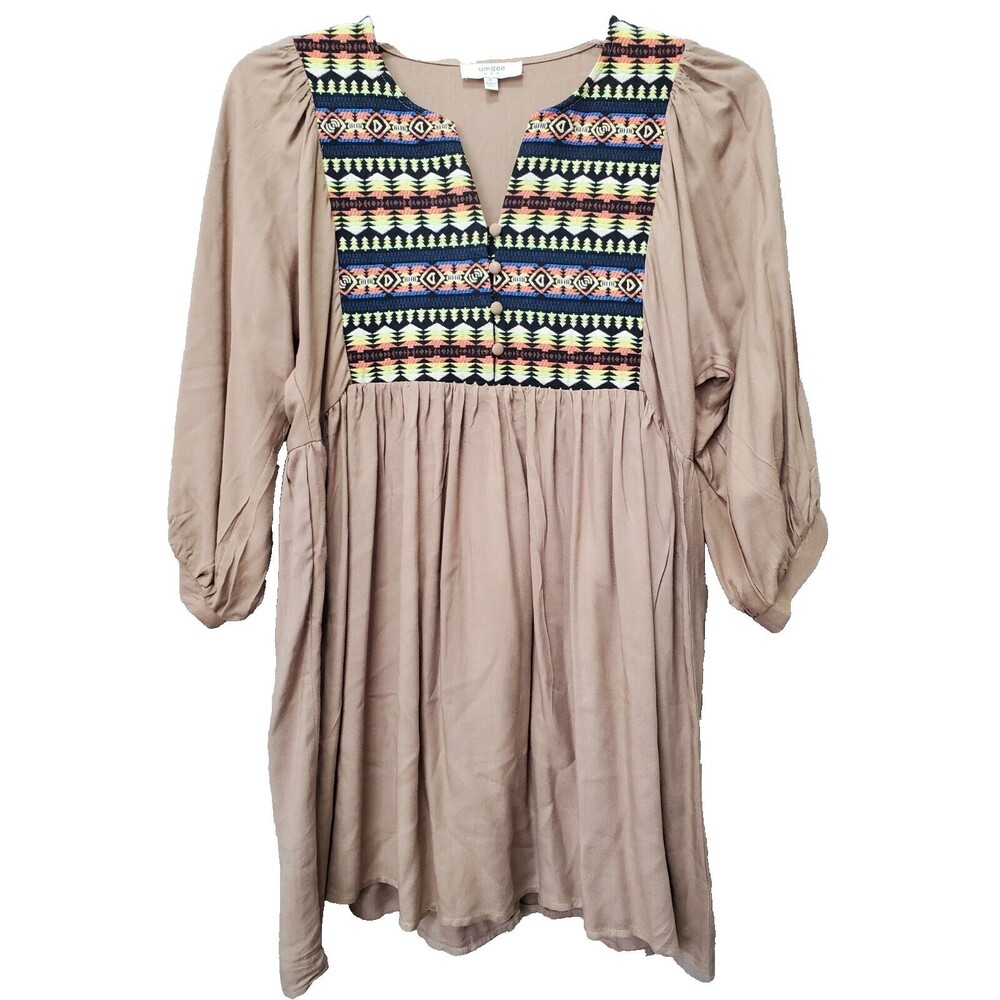 Umgee Tan Cotton Blend Aztec Tribal Pattern Bibbed Dress Size Medium